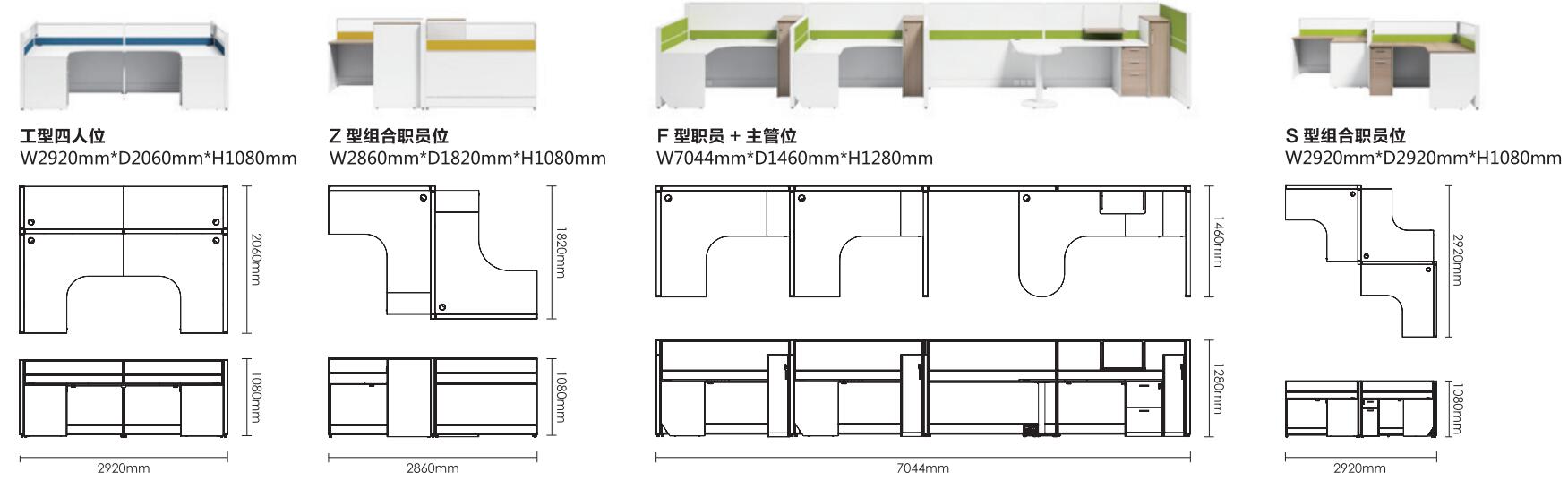 Thick&Thin系列S型3人組合屏風職員位尺寸圖
